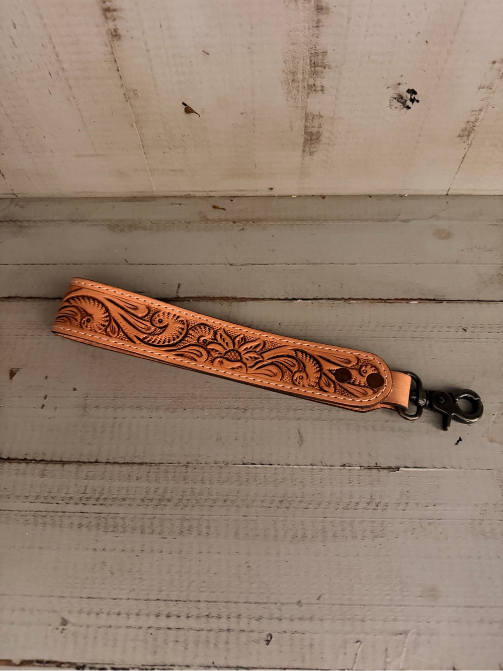 Tooling Floral Leather Wrist Strap Keychain